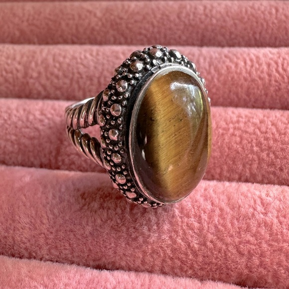 Vintage Tigers Eye Sterling Silver 925 Statement Ring Rope Details Boho Bohemian - Picture 10 of 17
